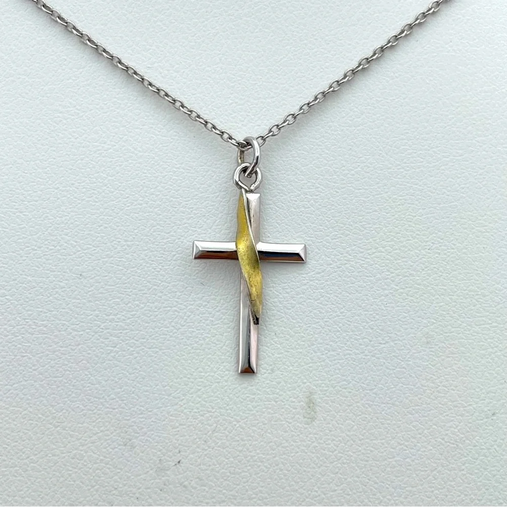 925 Sterling Silver & Gold Accent Cross Pendant Necklace 18”